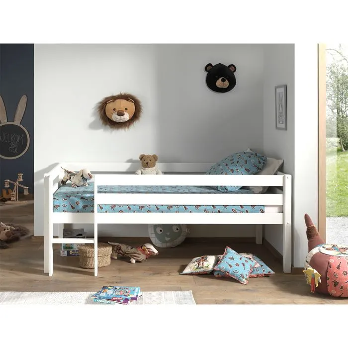 Lit mi-hauteur en bois de pin laqué blanc - VIPACK - Pip - 1 place - Sommier inclus - 90x200 cm-2