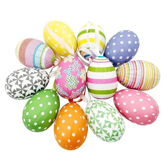 Gardening will - AHGD000282 - Lot de 12 oeufs colores en papier mache a suspendre pour decoration de Noel ou de Paques-0