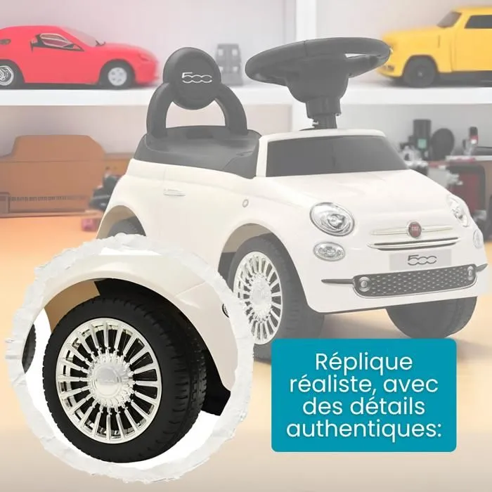 DEVESSPORT Porteur Enfant Fiat 500 Blanc, Licence Officielle, Volant Sons & Musique, Siège Coffre, Idéal 1-3 Ans-2