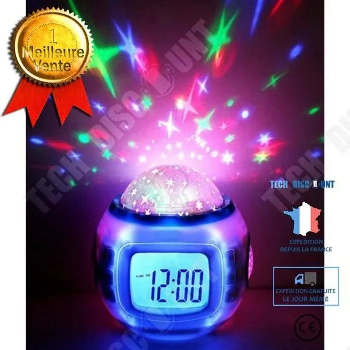 réveil lumineux enfant à pile fille veilleuse led projection plafond étoile date heure température changement de couleur musique-0