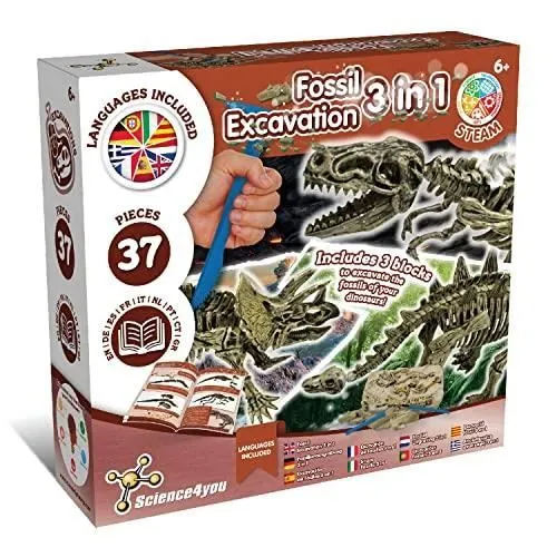 Jeu de fouille de fossiles de dinosaures - SCIENCE4YOU - Kit 3 en 1 - T-Rex, Triceratops, Stegosaurus-0