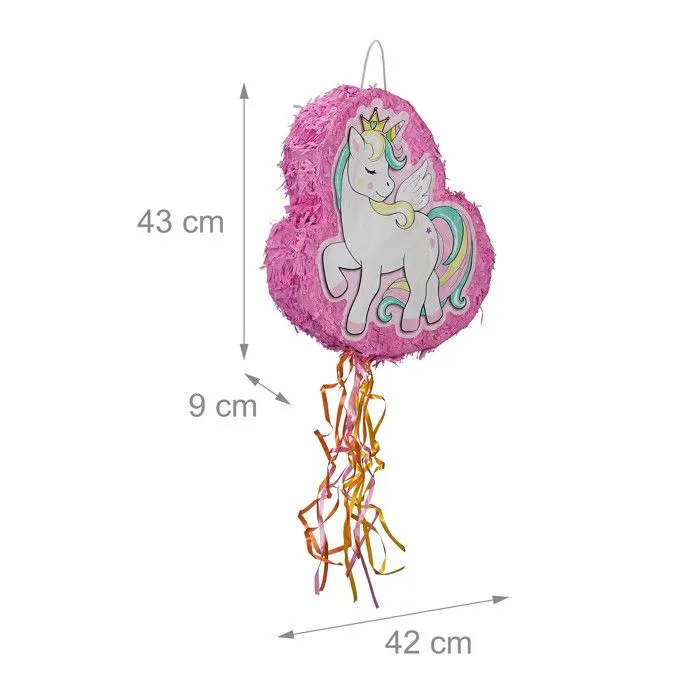 Relaxdays Pinata licorne, à remplir, anniversaire d’enfant, à accrocher, HxLxP : 43 x 42 x 9 cm, rose-3
