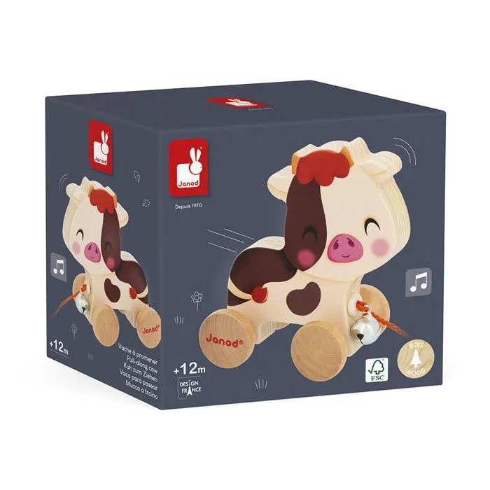 Vache à Promener - Janod - Jouet en Bois - Clochette - Dès 12 mois - Certifié FSC-4