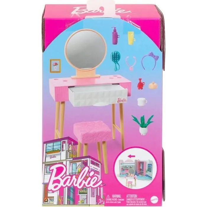 Mobilier Barbie - HJV35 - Maison de poupée - Vanité, Miroir, Tabouret - Blanc-0