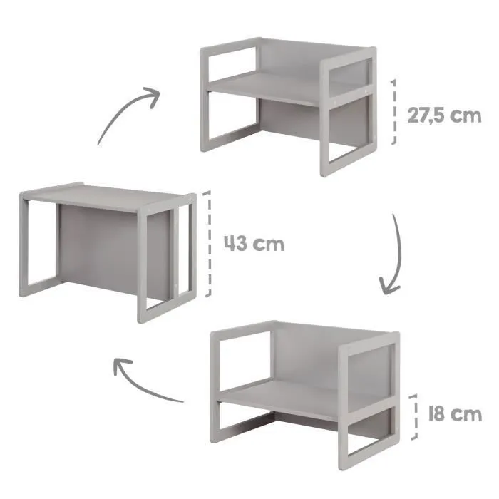 ROBA Ensemble Table et Chaise Réversible pour Enfant - Convertible en Banc et Tabouret - 3 Hauteurs Différentes - Bois Gris-3