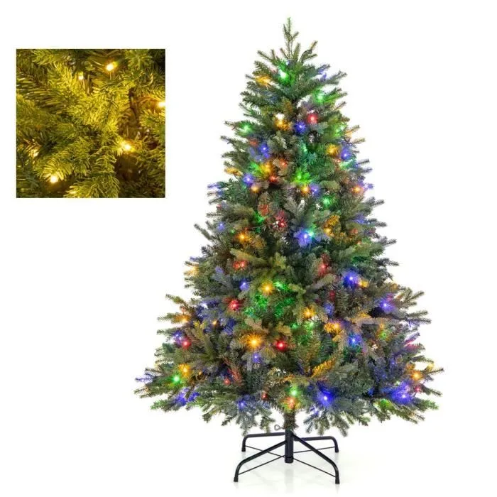 COSTWAY Sapin de Noël 150 cm Pré-éclairé 250 Lumières LED Multicolores/Blanc Chaud, 11 Modes d'Eclairage 844 Branches en PVC et PE-0