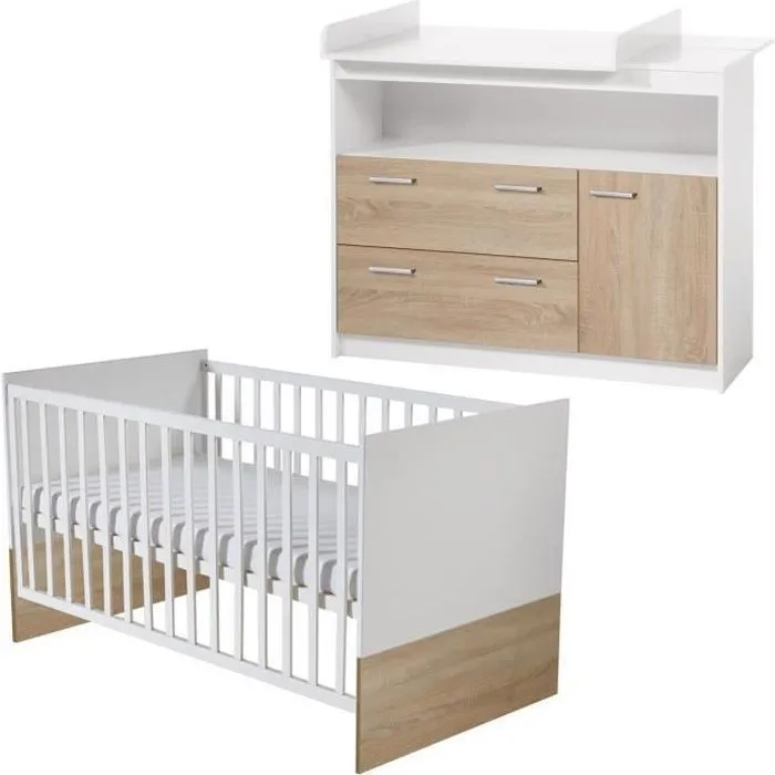 Chambre Bébé Duo Gabriella - Lit Évolutif 70x140 + Commode à Langer - Bicolore - ROBA-0