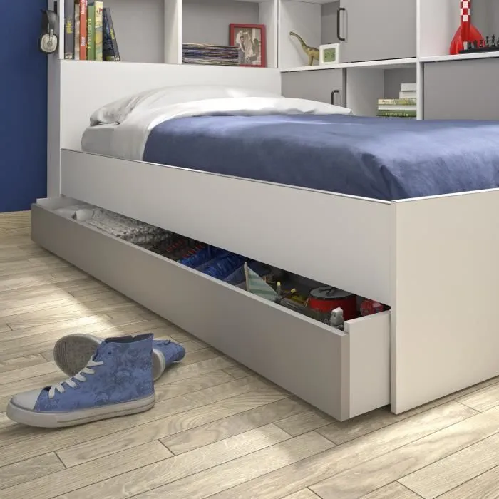 GAMI Erwan Lit enfant avec rangements - Décor blanc et gris- 90 x 200 cm-4