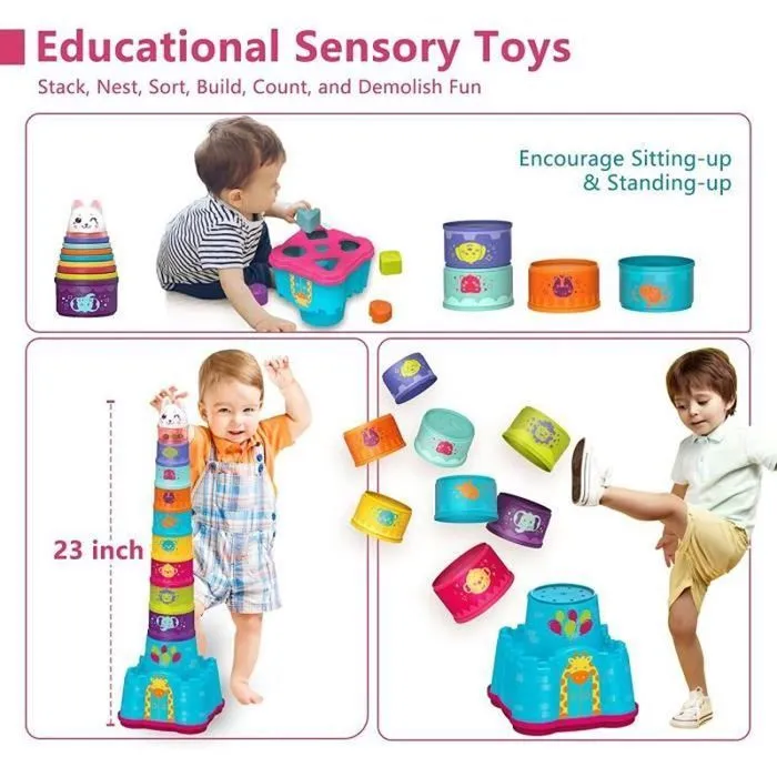 FORME A TRIER - FORME A AGENCER - BOITE A FORME - PYRAMIDE-GIGOGNE Jouet Cubes Empilables - HONTTOR - Jouet d'éveil Montessori pour-1