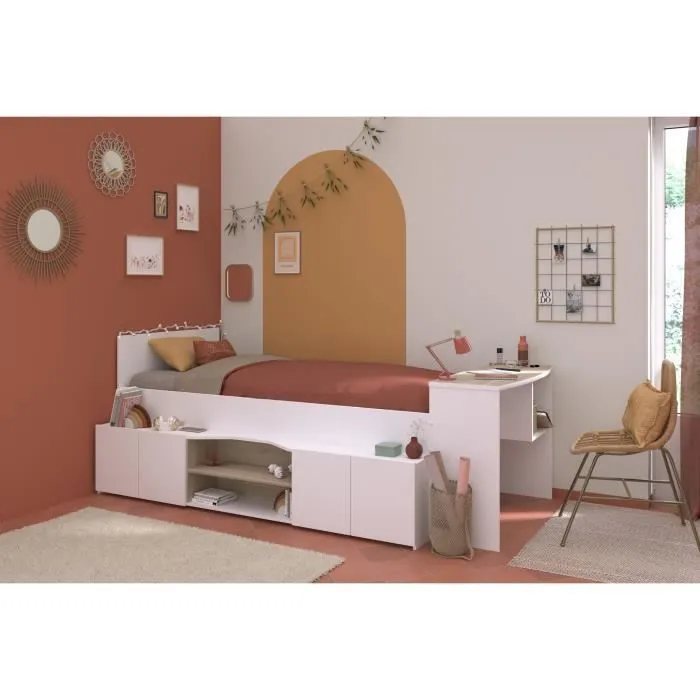 Lit combiné enfant avec rangements et bureau CLOE - 90 x 200 cm - Décor blanc et chêne - PARISOT-1