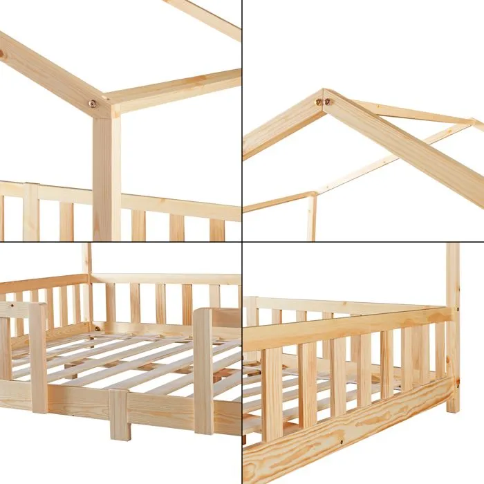 Lit d'Enfant Forme Maison avec Grille de Protection Treviolo 200 x 140 cm Naturel-4