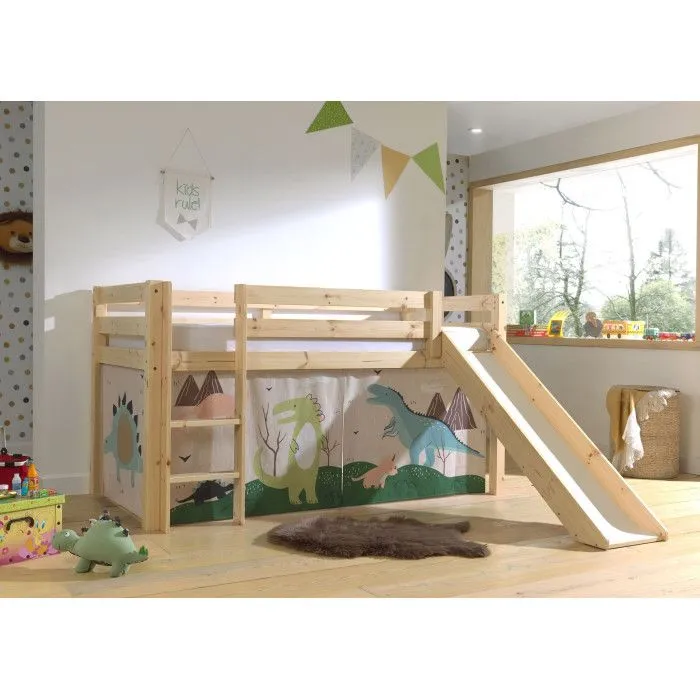 Lit Enfant Surélevé Avec Toboggan "Pino Dino" 90x200cm Naturel-1