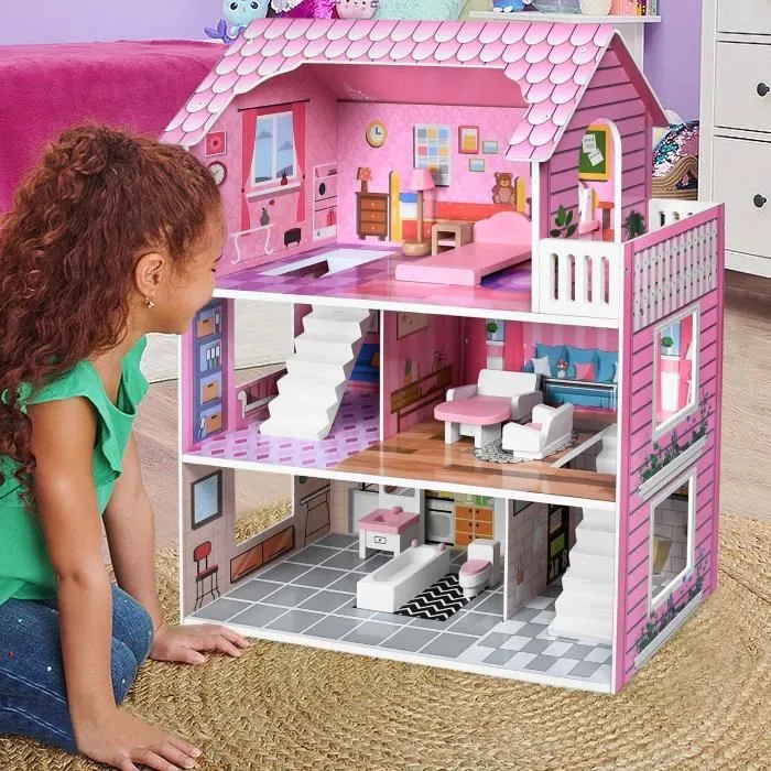 Maison de Poupee - UISEBRT - 60x27x70cm - 3 Étages - Meubles et Accessoires - Multicolore-2