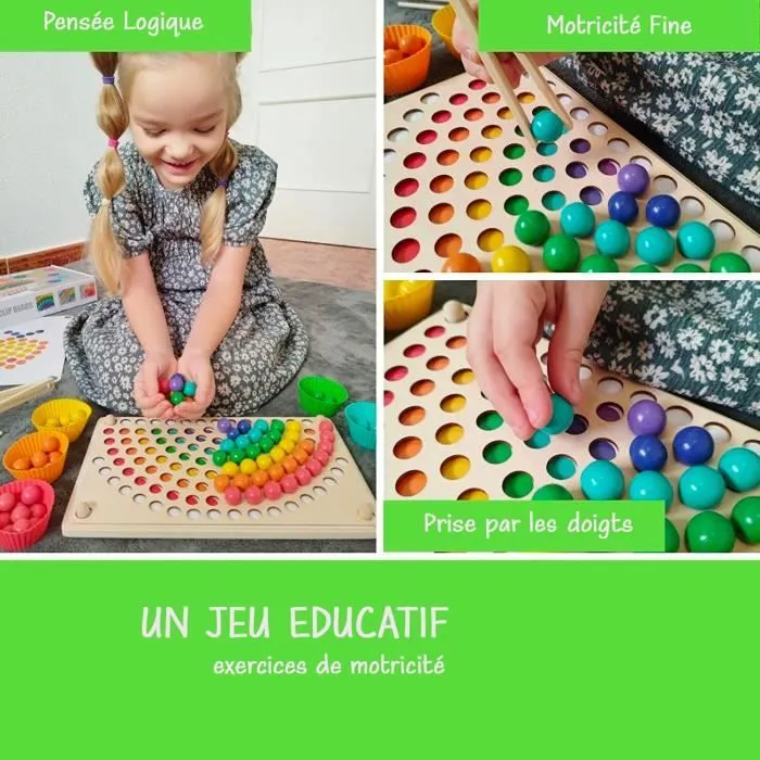 MARAYAN, Montessori, Jeu de motricité Fine en Bois, Jeux perles enfant 3 4 5 ans, Colorino arc en ciel,Jeu éducatif Cadeau fille-2