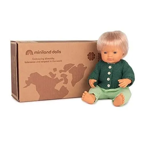 Coffret cadeau - Miniland - Doll 38 cm - Poupée bébé caucasique - Robe et accessoires - Écologique-0