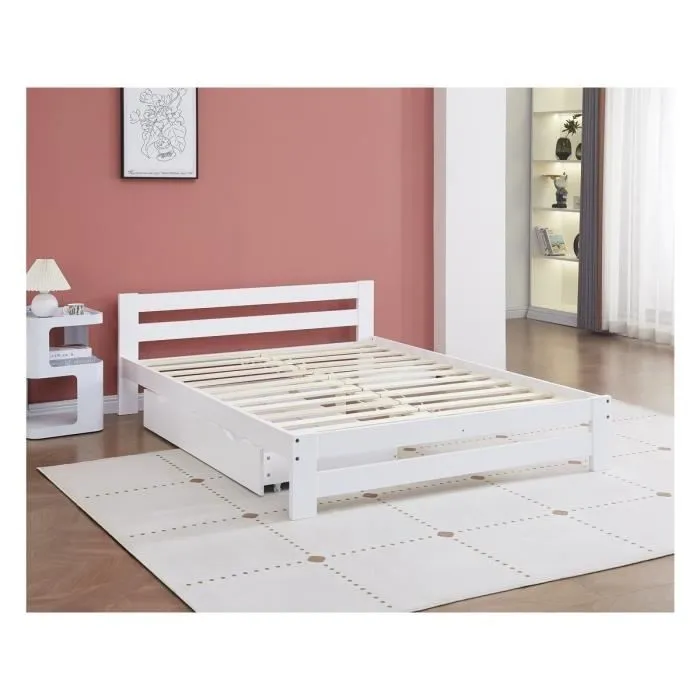 Lit double avec tiroir en bois "Lola" - 140 x 190 cm - Blanc-1