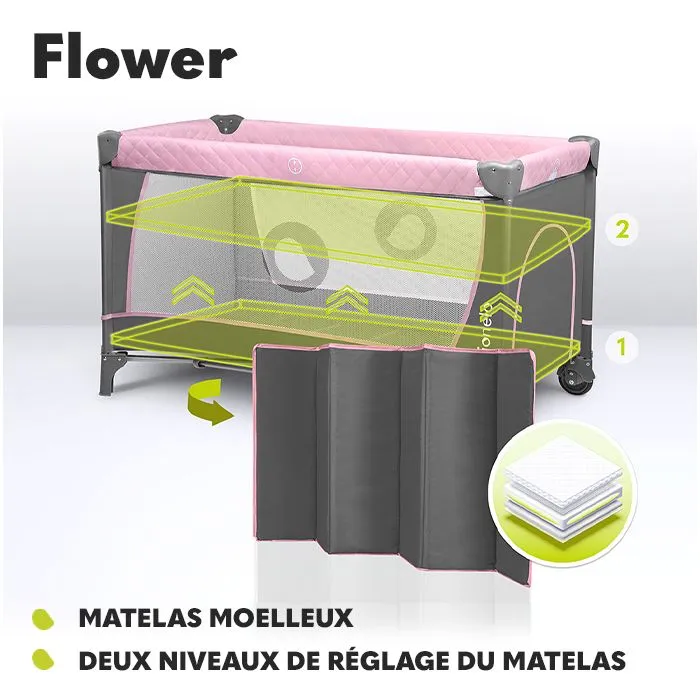 Lit parapluie compact 3en1 LIONELO Flower - Parc bébé - 0-36 mois - Sac de Transport - Pliage Rapide - Roulettes - Rose-1