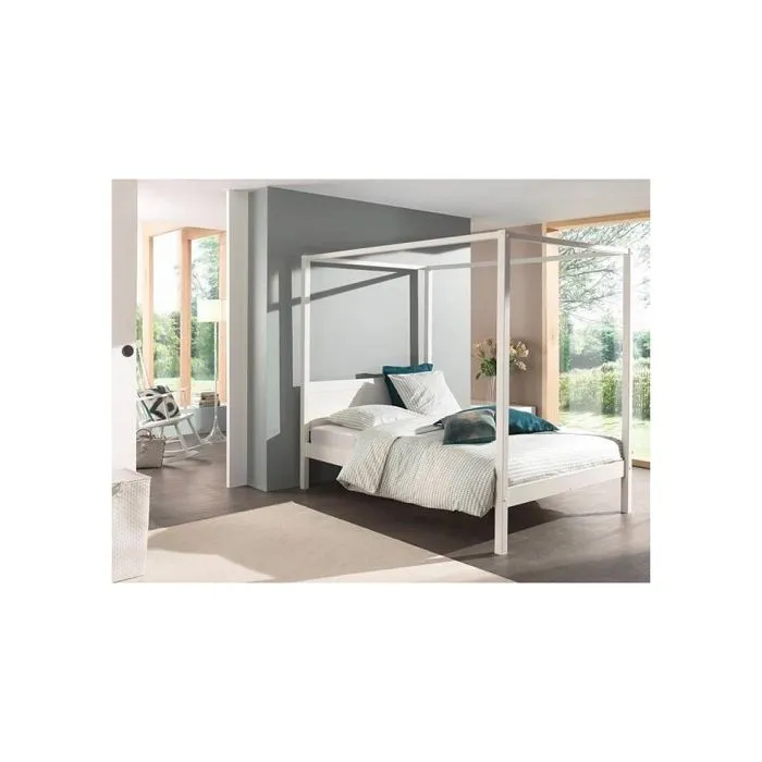 Lit à baldaquin - PINO - 140x200 cm - Bois massif - Blanc - Scandinave Moderne-1