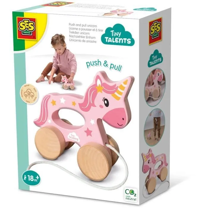 Licorne en bois 2 en 1 - A pousser et à tirer - SES CREATIVE - Licorne rose à pousser ou à tirer.-0