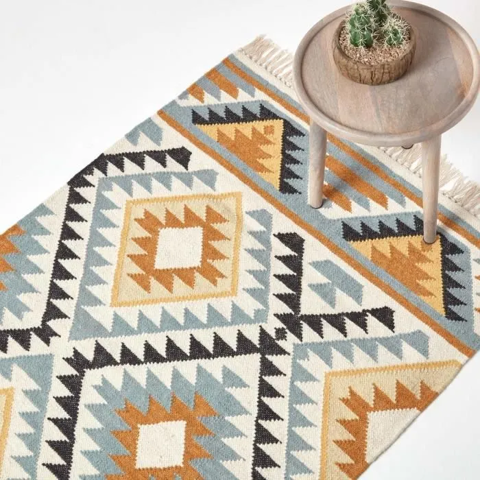 Tapis Kilim en laine à motif géométrique jaune - Agra - 90 x 150 cm-0