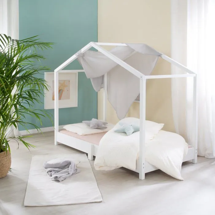 Lit Cabane au Sol 70 x 140 cm - ROBA - avec Matelas Roulé et Sommier à Lattes - Blanc-2