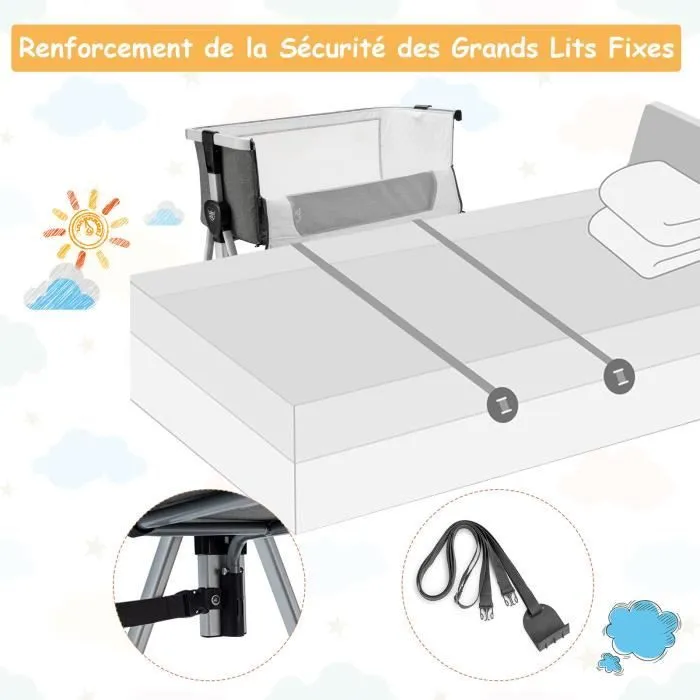 COSTWAY Lit Cododo Bébé avec Matelas 7 Hauteurs Réglables Espace de Rangement Fenêtre en Maille Respirante 0-36 Mois Gris Foncé-1