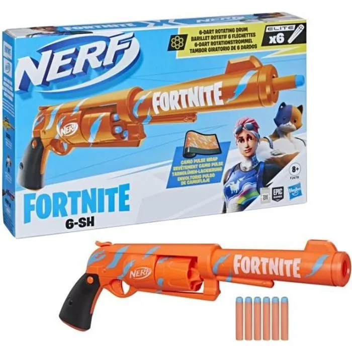 NERF - Fortnite - Blaster 6 -SH avec revêtement Camo Pulse - mécanisme à percuteur - barillet rotatif - 6 fléchettes NERF - Elite-0