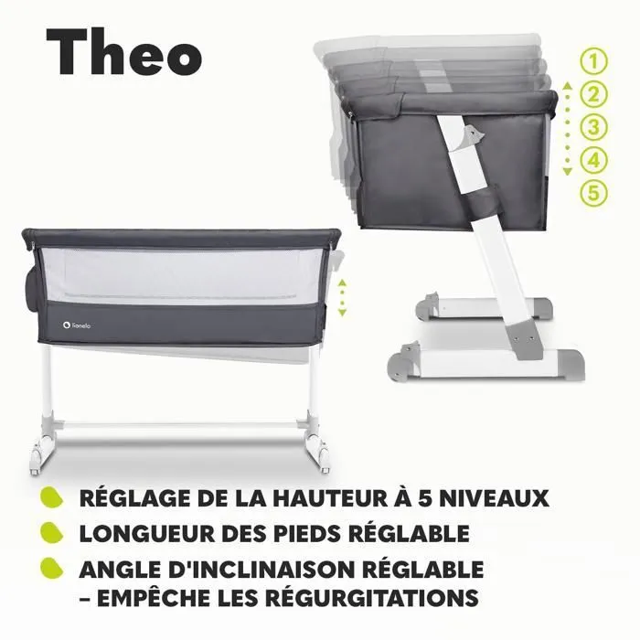 Lit cododo évolutif  LIONELO Théo - Lit bébé avec matelas - 0-9 kg - Hauteur et inclinaison réglables - Gris-3
