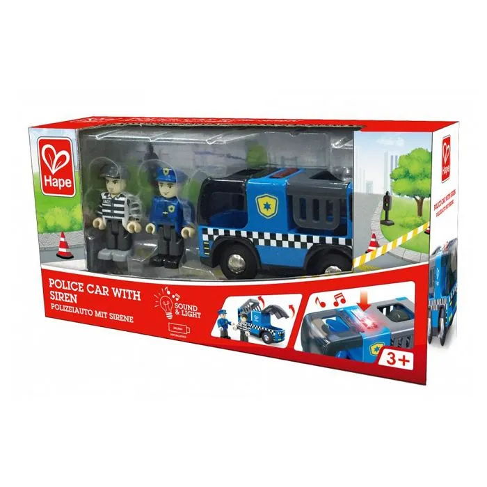 Hape - Voiture de police sonore pour jeu de train en bois - Jouets par univers - Jeux de construction - Trains en bois-2