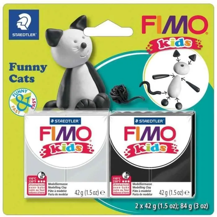 Kit de pâte à modeler - FIMO - Funny Cats - 2 x 42 g - Noir et Blanc - Pour enfants 3 ans et plus-2