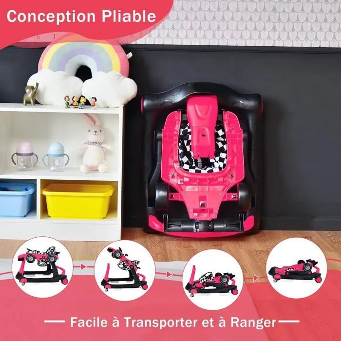 COSTWAY Trotteur Bébé Pliable Musical 4 en 1 Apparence de Voiture Pousseur Hauteur et Vitesse Réglables Lumière Volant Rose Rouge-4