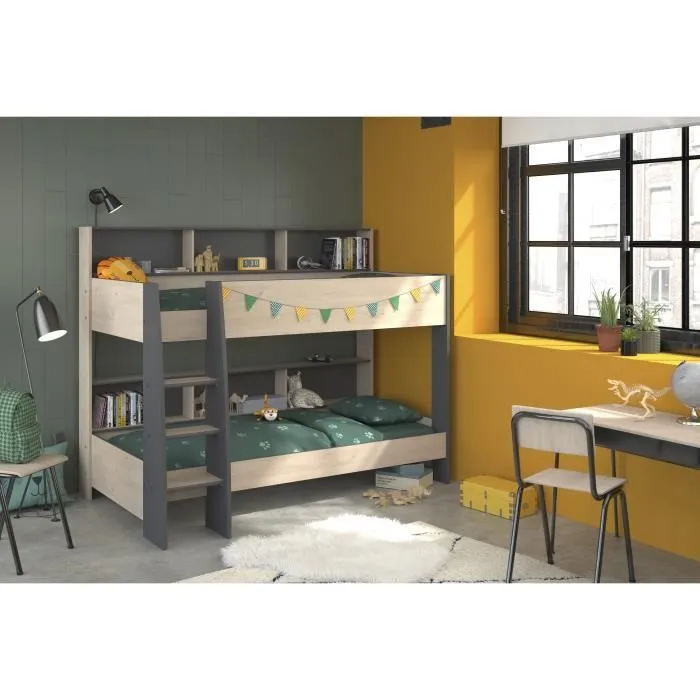 PARISOT Lits superposés enfant - Décor Chêne Jackson et Gris Ombre - Sommiers inclus - 2 x 90 x 200 cm - JIM-1