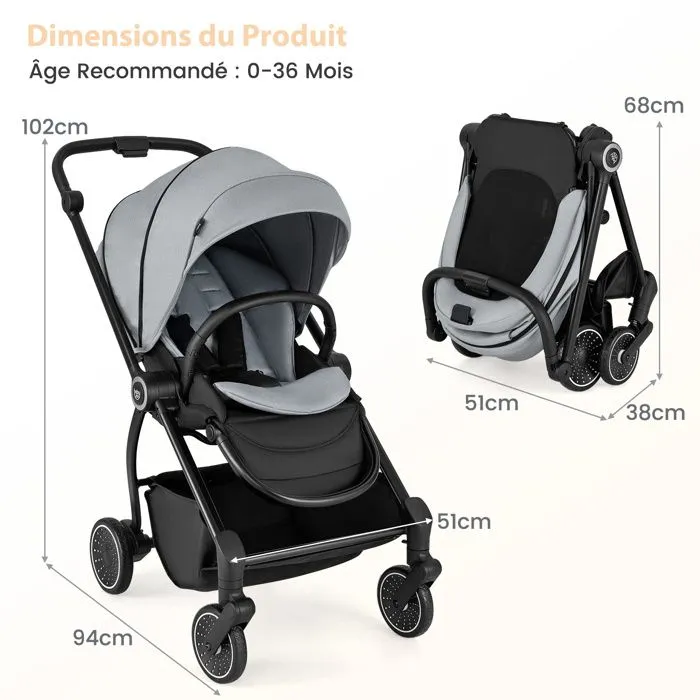 COSTWAY Poussette Canne Pliable Bébé avec Siège Réversible & Dossier Inclinable, Panier Inférieur, Harnais à 5 Points, 15 kg, Gris-1
