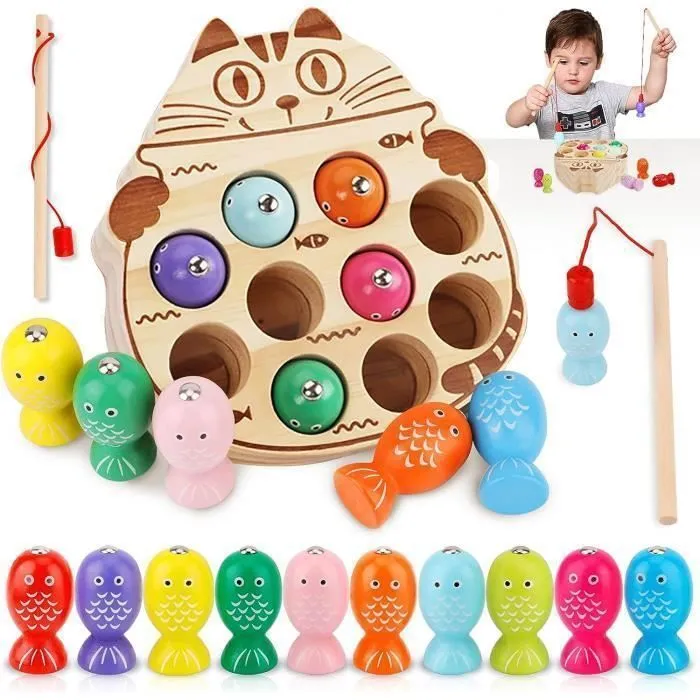 Jouet Enfant en Bois, 10 PACK Mini Jeu de Pêche Magnetique, Activite Enfant Cadeau pour 2 3 4 5 Ans-0