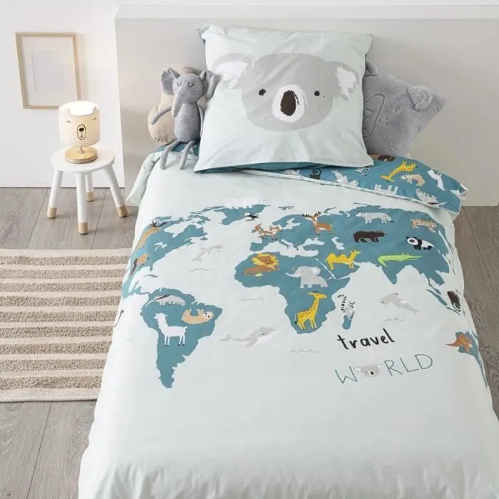 Parure de couette - Carte Monde - 140x200 cm - Réversible - 100% Coton - 57 Fils/cm²-2
