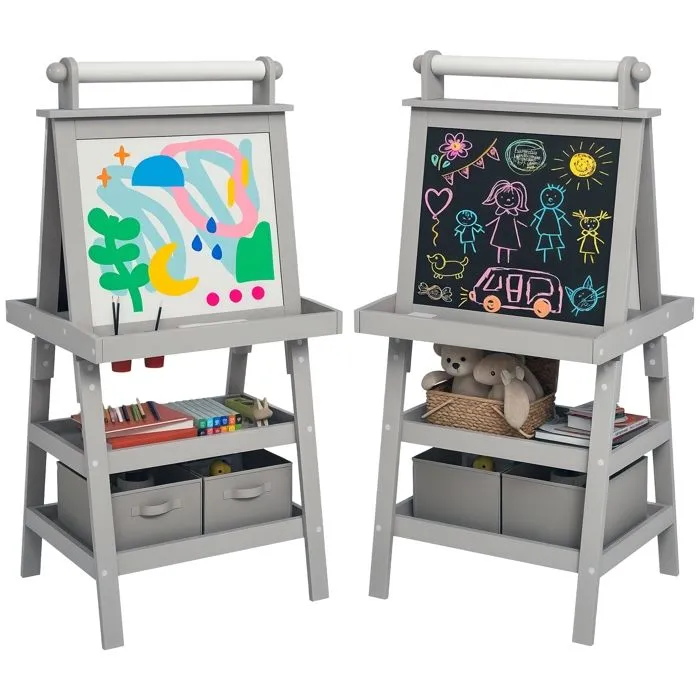 Tableau chevalet enfant AIYAPLAY 3 en 1 tableau blanc magnétique, tableau à craie rouleau papier 2 paniers intégrés - 3-6 ans gris-0