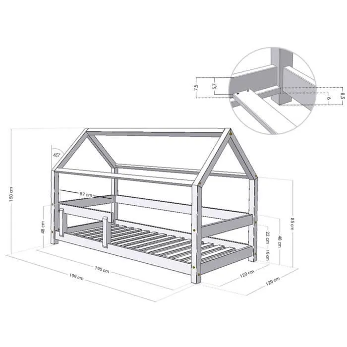 Lit cabane enfant - Benlemi - TERY - Bois - Blanc - 120 x 190 cm - A lattes-1