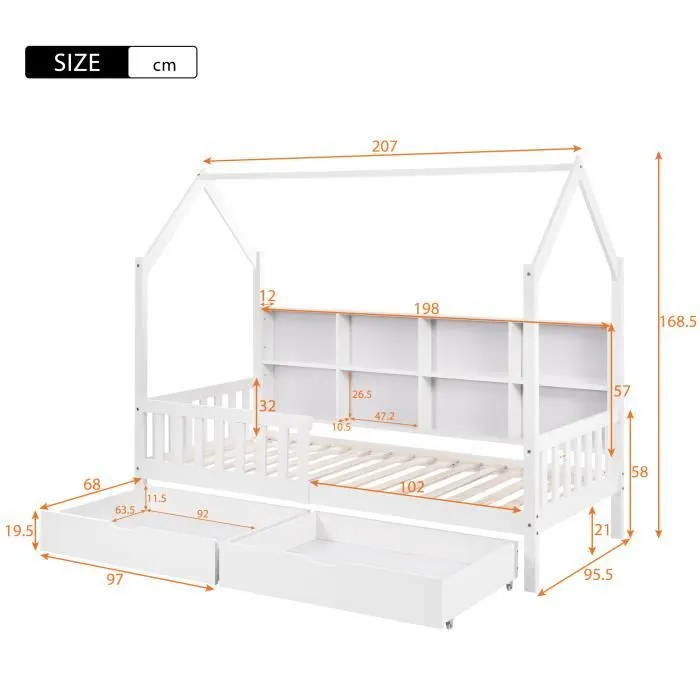 Lit cabane 90 x 200 cm pour enfant ou bébé avec étagère de rangement bibliothèque et 2 tiroirs, Sommier à lattes inlcus, Blanc-3