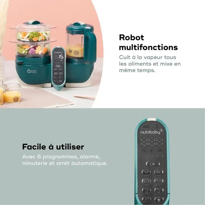 Babymoov Robot Cuiseur Bébé Nutribaby(+) - 6 en 1 - Cuiseur-vapeur/Mixeur - Grande Capacité 2,2L, Opal Green-3
