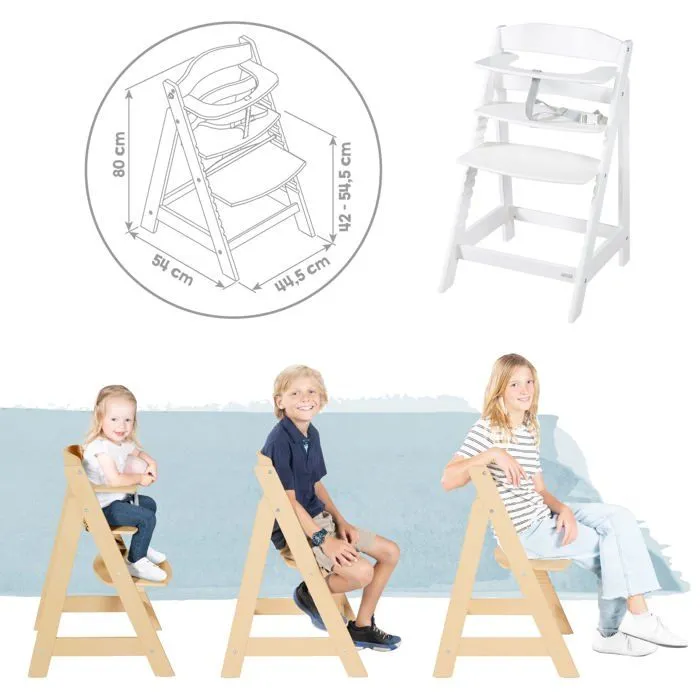 ROBA Chaise Haute Évolutive Born Up 2 en 1 + Transat Inclinable - Greyish matelassé - Dès la Naissance - Bois Blanc-5