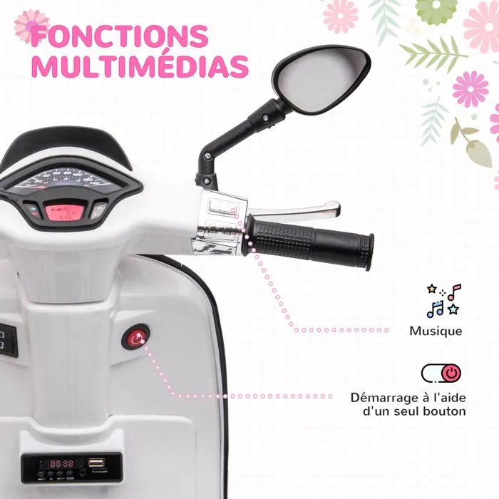Scooter électrique enfant AIYAPLAY Vespa 6 V dim. 107L x 47l x 73H cm Musique MP3 Port USB Phare 2 roulettes, pour 3-6 ans, Blanc-5