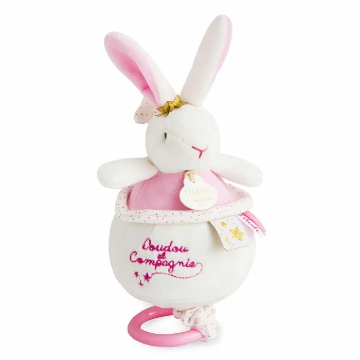 DOUDOU ET COMPAGNIE - Lapin Fleurs - Peluche musicale pour bébé - Blanc et rose - 15 cm-0