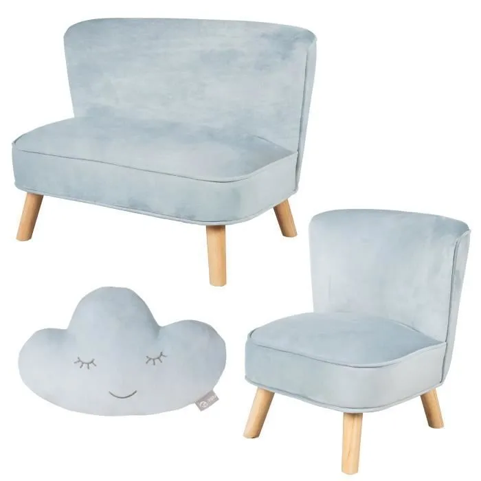 ROBA Canapé et Fauteuil Enfant Lil Sofa + Coussin Décoratif Nuage - Ensemble en Velours - Bleu clair-0