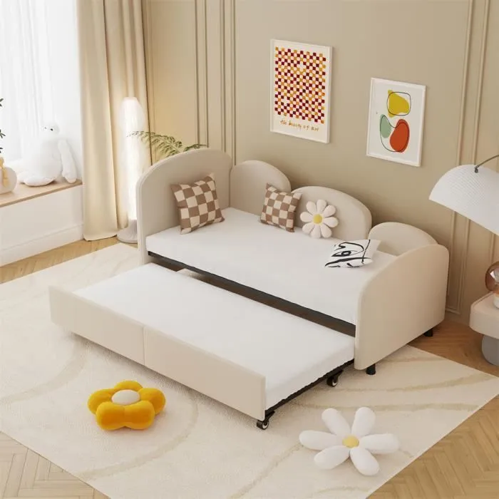Lit gigogne - Enfant - 90x200 cm - Velours beige - 2 places - Avec tiroirs-0
