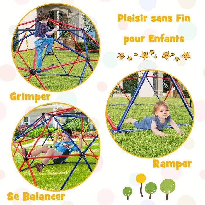 COSTWAY Dome Escalade Exterieur 305 CM avec Balancoire Charge 363 KG Structure en Metal pour Enfants de 3 - 12Ans Rouge-3