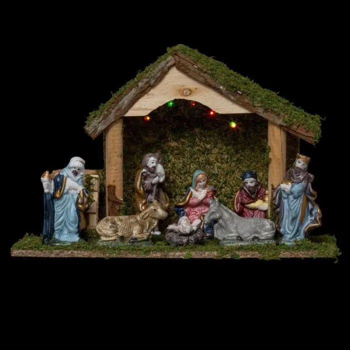 Crèche de Noël lumineuse - Non spécifié - 8 santons - Multicolore - Céramique et Bois - 32x20x13 cm-1