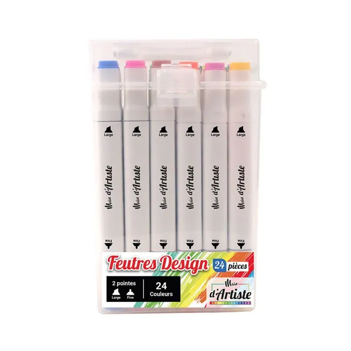 Feutres marqueurs à l'alcool - Main d'Artiste - 24 feutres - Double pointe - Couleurs vives - Pour enfants-0