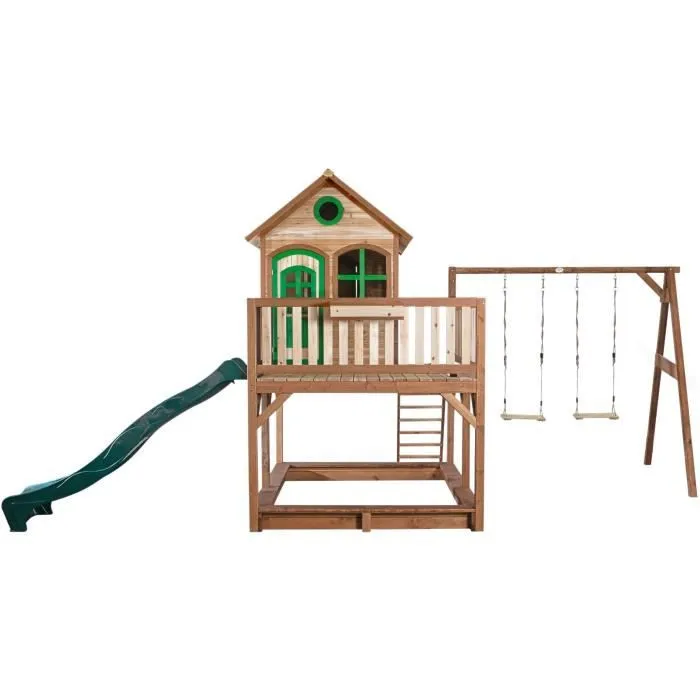 AXI Liam Maison Enfant avec Bac à Sable, Balançoire 2 Agrès & Toboggan vert | Aire de Jeux pour l'extérieur en marron & vert-2