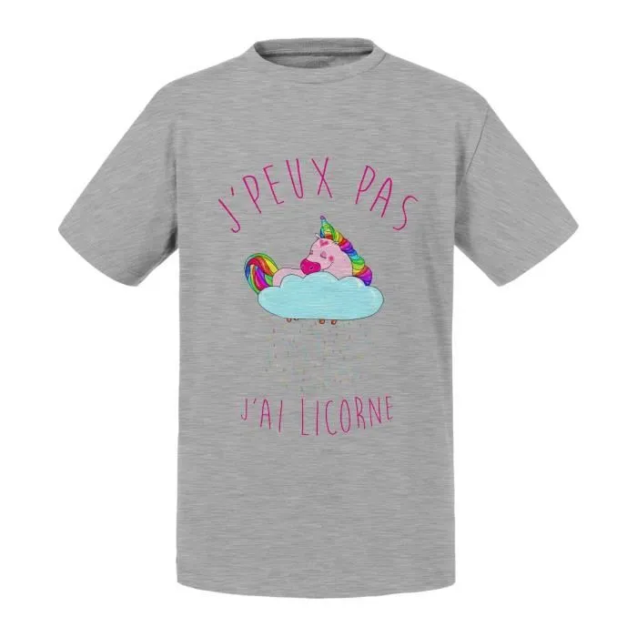 T-shirt Enfant Gris J'Peux Pas J'Ai Licorne Humour Dessin Licorne Qui Dort sur Nuage Qui Pleut des Gouttes Arc-en-ciel-0
