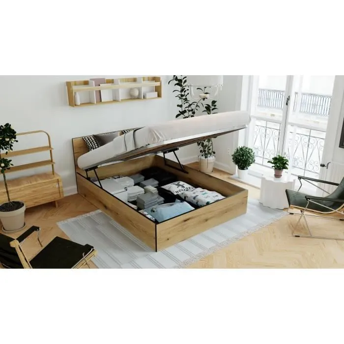 Lit Coffre 140x190 en bois + Tête de lit - Chêne Rustique - Sommier à lattes inclus - L 140 x P 193 x H 80 cm-2